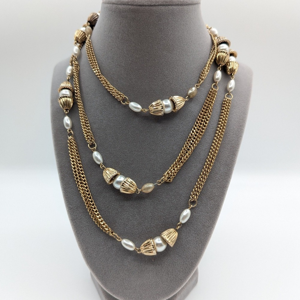 Vintage Multi Strand Gold Tone Faux Pearl Opera Length Station Necklace 52 Inch